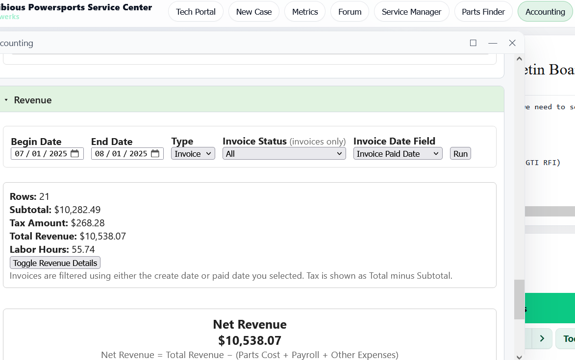 Revenue snapshot from the Shopwerks accounting module