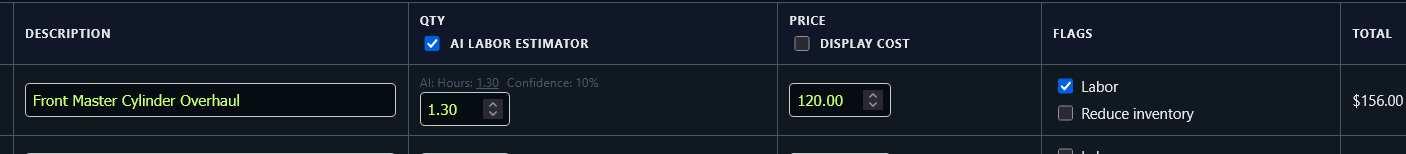 Editing an invoice in Shopwerks with parts, labor and customer communication in one view