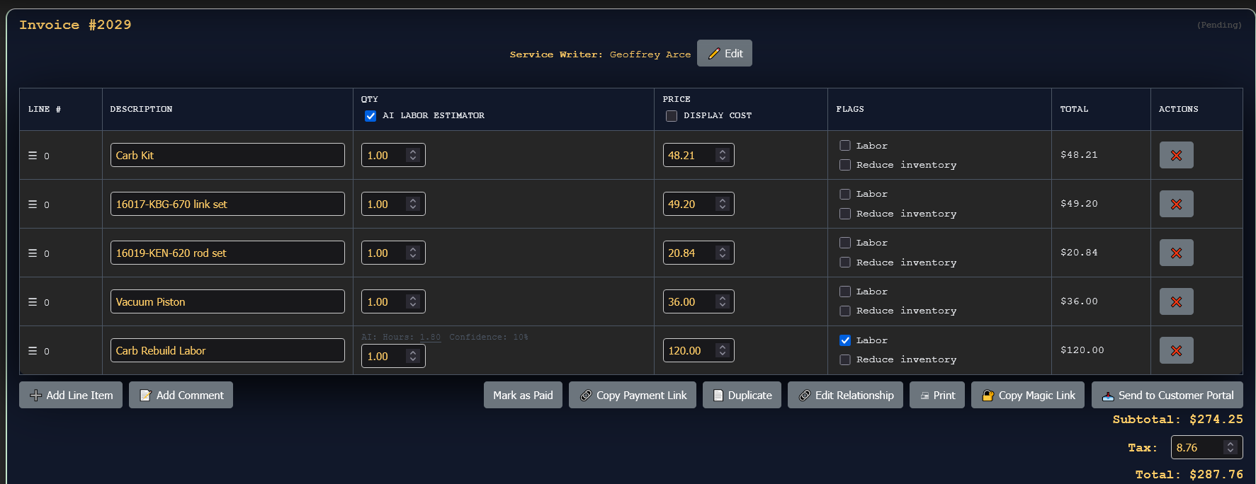 Editing an invoice in Shopwerks with parts, labor and customer communication in one view