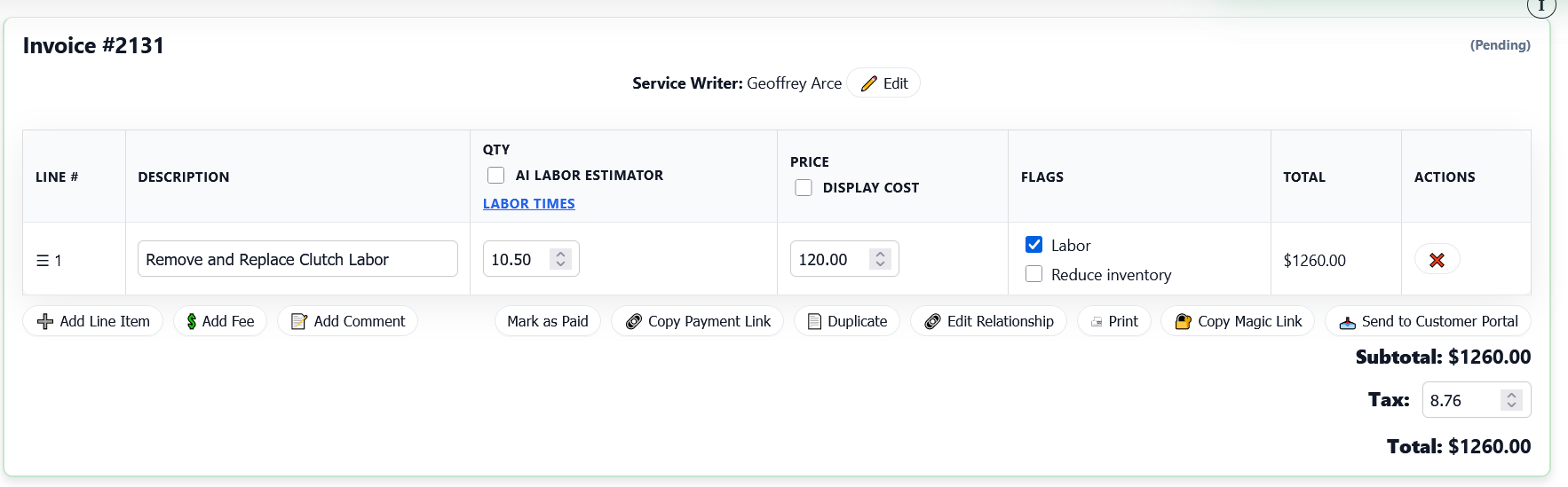 Editing an invoice in Shopwerks with parts, labor and customer communication in one view