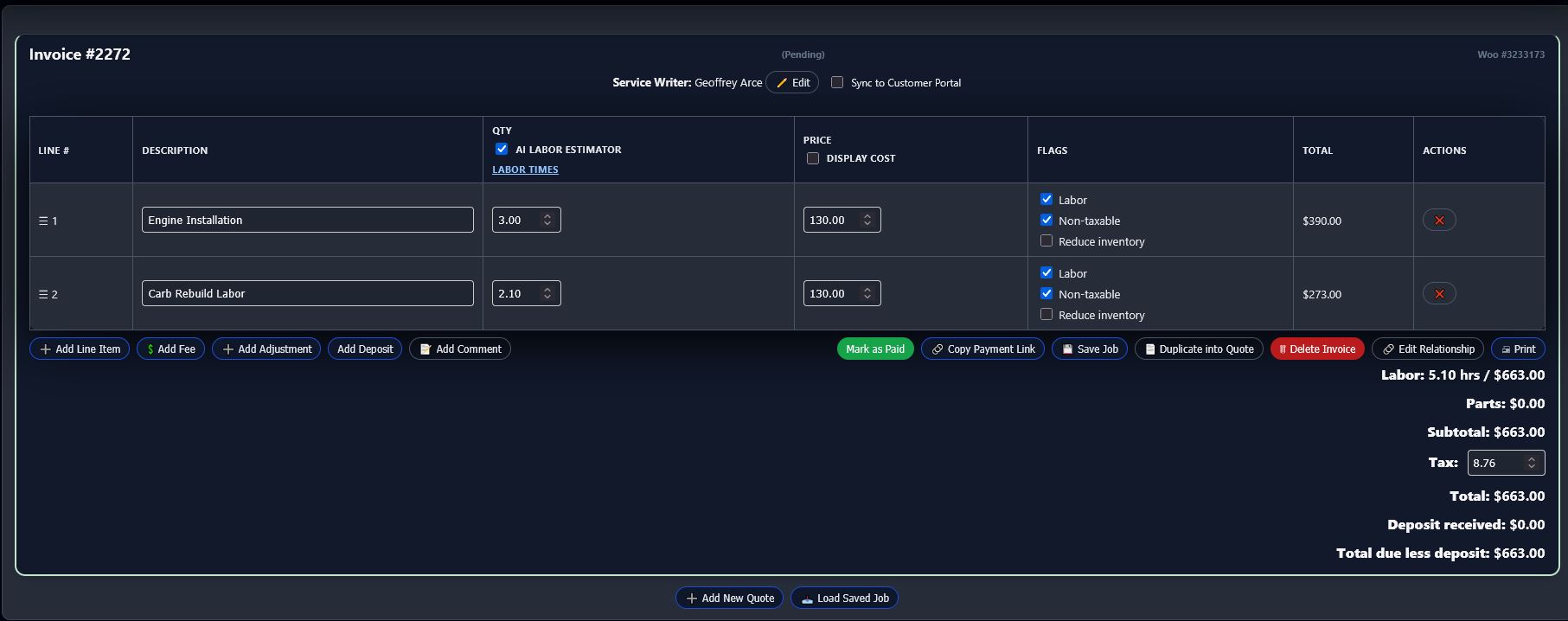 Editing an invoice in Shopwerks with parts, labor and customer communication in one view