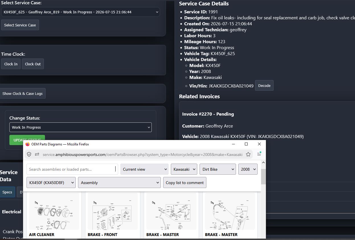 Shopwerks Tech Portal showing vehicle-specific service information and OEM parts diagrams